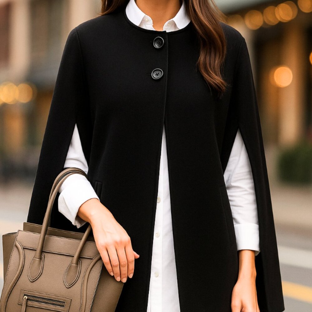 NWT Nine West Equestrian Style Cape Poncho With Leather Trim and Pockets